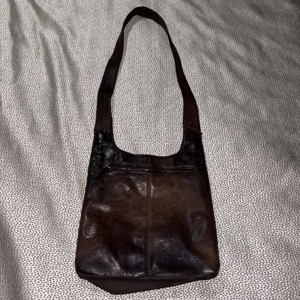 Fossil Vintage Leather Distressed Brown Crossbody Bag Embossed Logo Boho